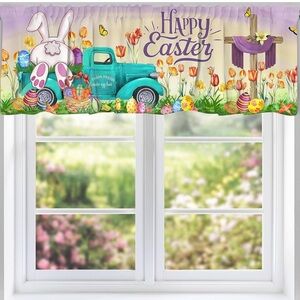 🐰🐣 (2) Easter Valances Curtain for Kitchen, Easter Bunny Truck 18” x 54” NEW